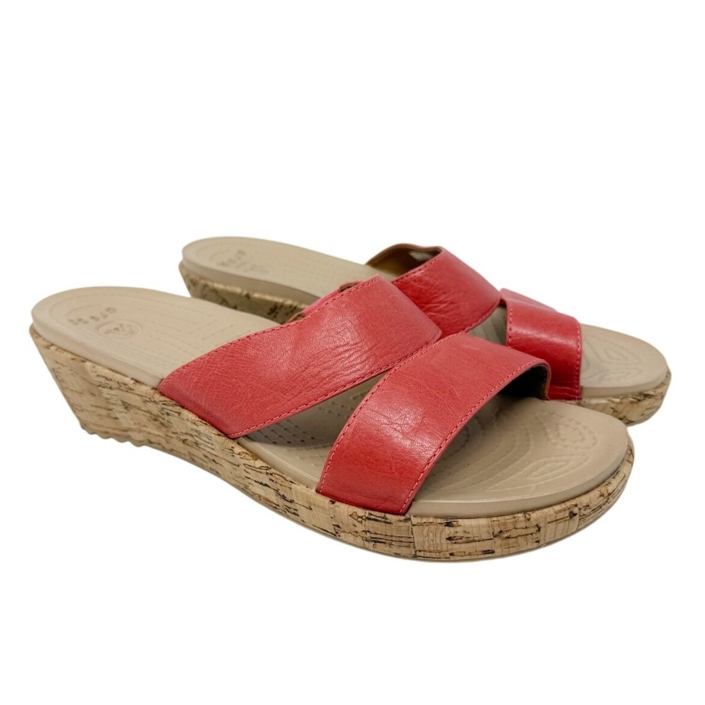 Crocs Womens A-Leigh Leather Mini Wedge Double Strap Sandal Orange 8 - Picture 13 of 13